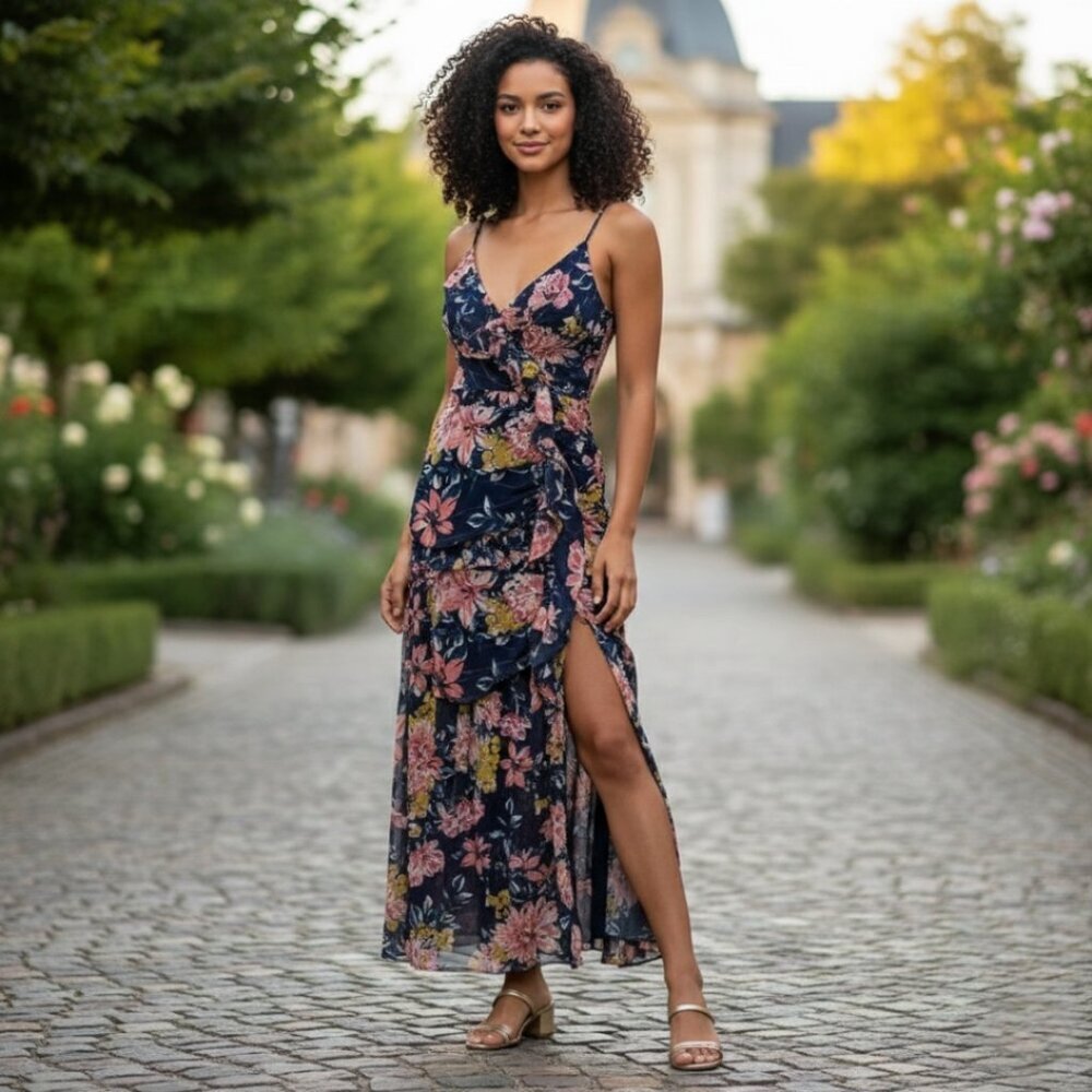 Lulus NWOT Stunning Soirée Navy Blue Metallic Floral Print Ruched Midi Dress S